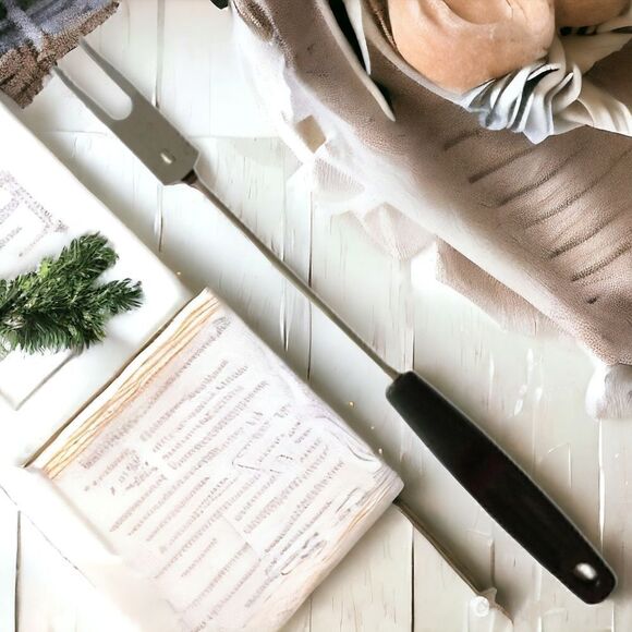 Vintage FOLEY Meat Fork Chrome Plated Carving Serving Black Handle USA Retro - Picture 14 of 16